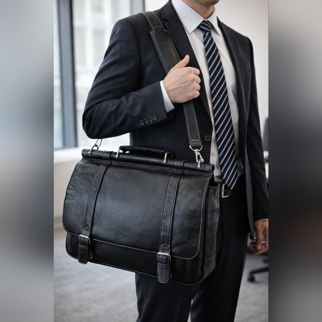 Business El Portal Black Leather Messenger Office Work Briefcase Attache Bag